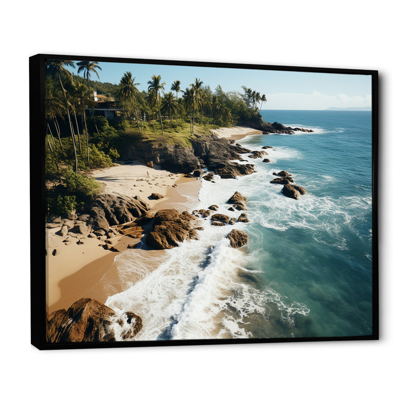 Aérien, corail, paradis, plages tropicales dévoilées III - art mural plage, Cadre flottant noir, H 34 po x l 44 po x P 1,5 po
