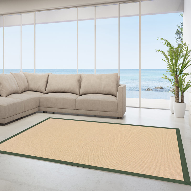 Nannette Handmade Light Beige Berber with Green Cotton Border Made in the USA Area Rug, Rectangle 8'9" x 12'