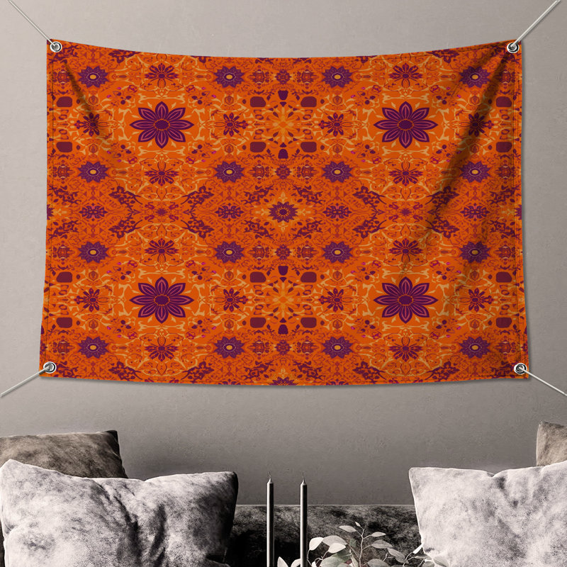 Tapisserie murale orange à motif mandala - décoration murale mandala, 68 po H x 80 po L avec 4 œillets