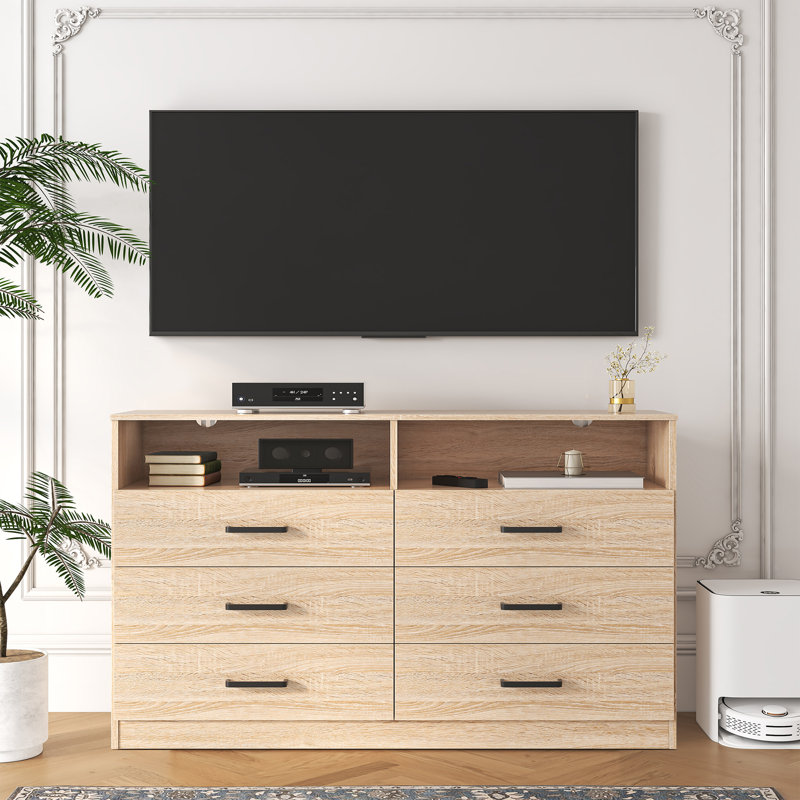 6 Drawers Dresser,Modern Storage Tower Dressers and Chests 2 Open Cubby,Large Organizer for Bedroom, Light Oak