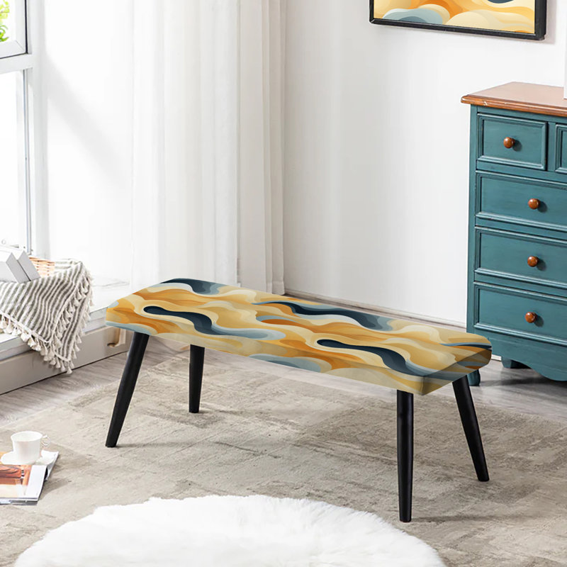 Abstract Upholstered Black Bench, Yellow/Blue Geometric Ripples