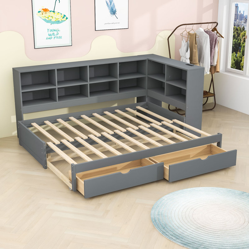 2 Drawers Twin XL to King Expandable Daybed with Shelves, LED Lighting and Charging Station, Gray