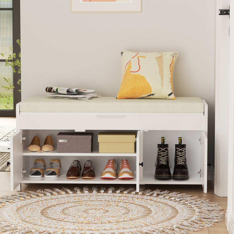 43.5" Entryway Bench with Hidden Shoe Storage and Cushion, White