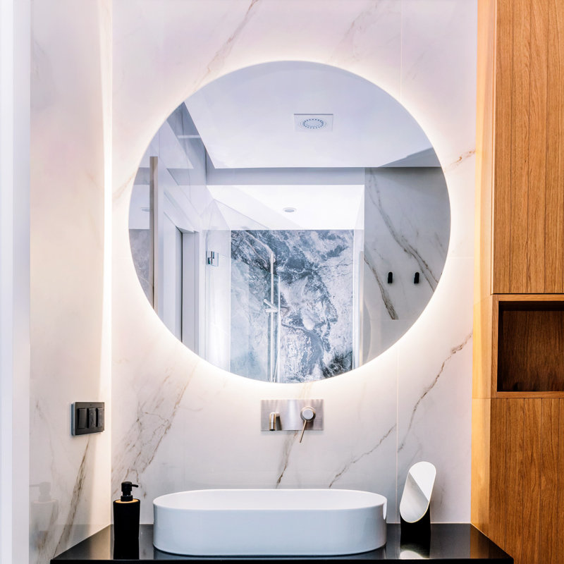 Modern Round Mirror With LED Lighting - Warm White - Large Illuminated Bathroom Mirror, 100cm H x 100cm W
