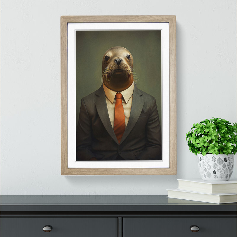 Sea Lion in a Suit Painting - Framed Print, Oak , 34cm H x 25cm W x 2cm D