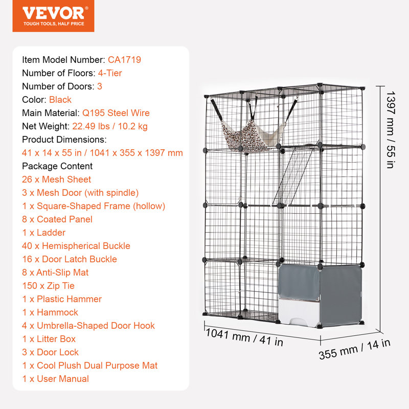 Grande cage à chat à 4 niveaux 41 x 14 x 55 po en métal avec hamac