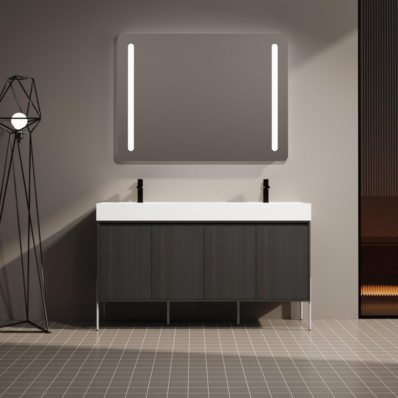 Meuble-lavabo autoportant avec lavabo double, armoire de rangement avec portes à fermeture douce