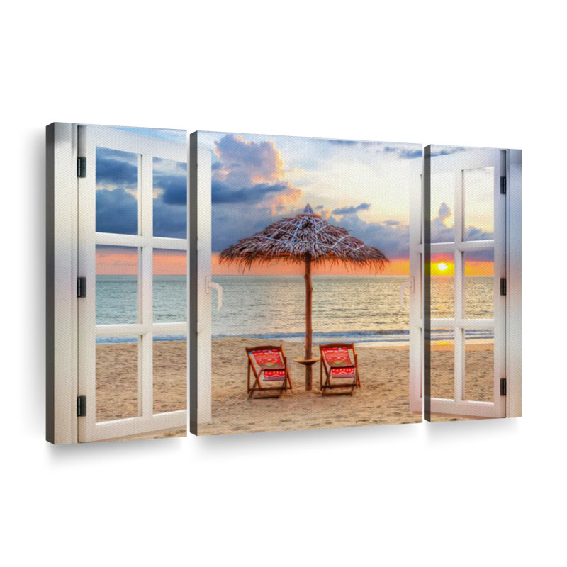 Sandy Beach " Window To Summer Beach " by Paradise Art Collectives 3 - Pieces, 39" H x 18" W x 1.25" D