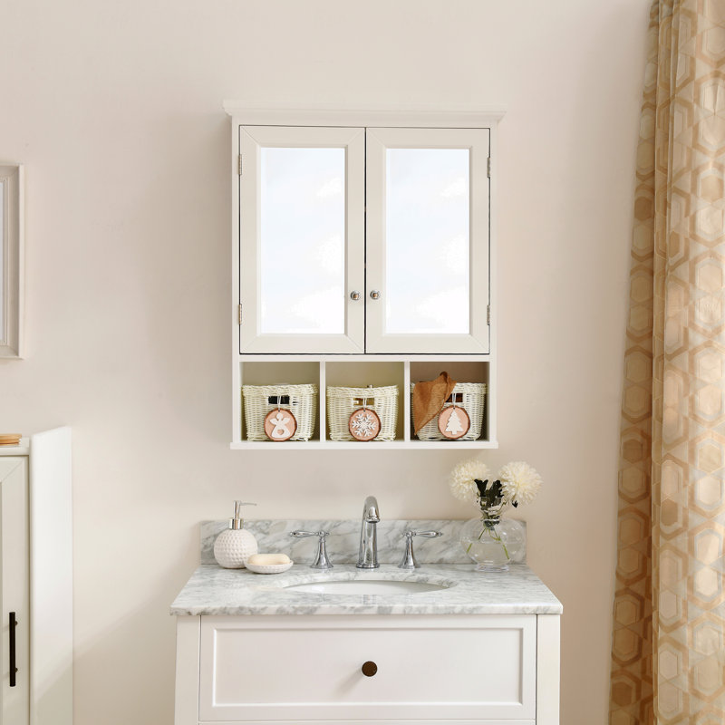 Armoire de rangement en bois, rangement pour salle de bain à 2 portes, armoires à pharmacie avec miroir, tablette ajustable avec portes et 3 paniers de style mural