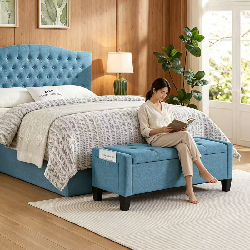 Banc repose-pieds avec espace de rangement et charnières de sécurité, Bleu clair, Lin