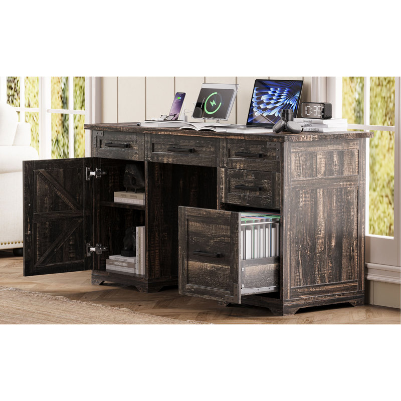 Bureau de direction 55 po avec station de charge et prise de courant, bureau d'ordinateur personnel avec 5 tiroirs et armoire, table de travail en bois rustique avec tiroir classeur