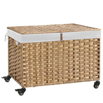  Wheeled Storage Basket with Lid, 42.3 Gallon (160 L) Large Wicker Rattan Basket with 2 Separate Lids & 2 Liners, Rolling Storage Bin for Bedroom Laundry, Natural