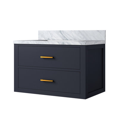 Meuble-lavabo simple bleu l 30 po x P 22 po avec magnifique comptoir en marbre et bois massif 30 po 22 Vue de la salle de bain