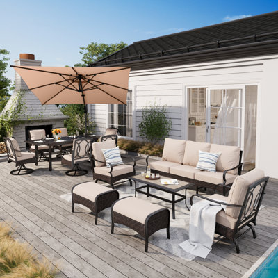 13-person Outdoor Patio Furniture Set Including A Patio Conversation Set With Rocking Lounge Chairs & A Patio Dining Set With An Umbrella