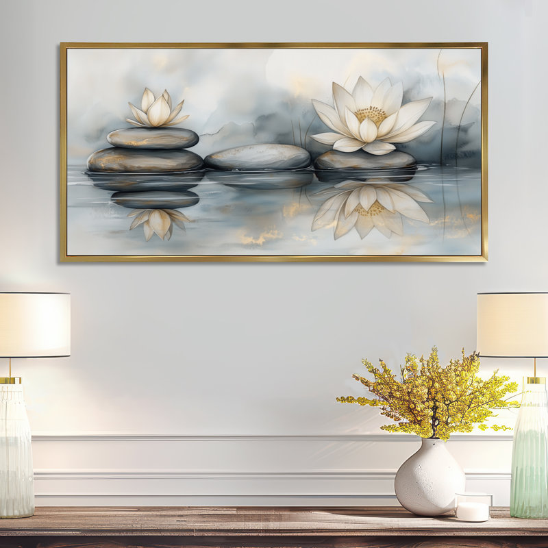 Gris gris, pierres équilibrées avec reflet de lotus - art mural encadré zen gris, impressions sur toile apaisantes