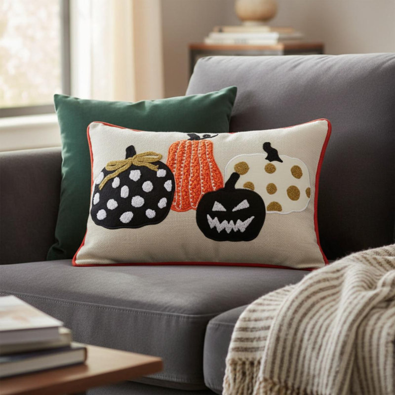 Coussin décoratif brodé citrouille d'Halloween – Ensemble de 2 coussins en lin à pois effrayants, 2
