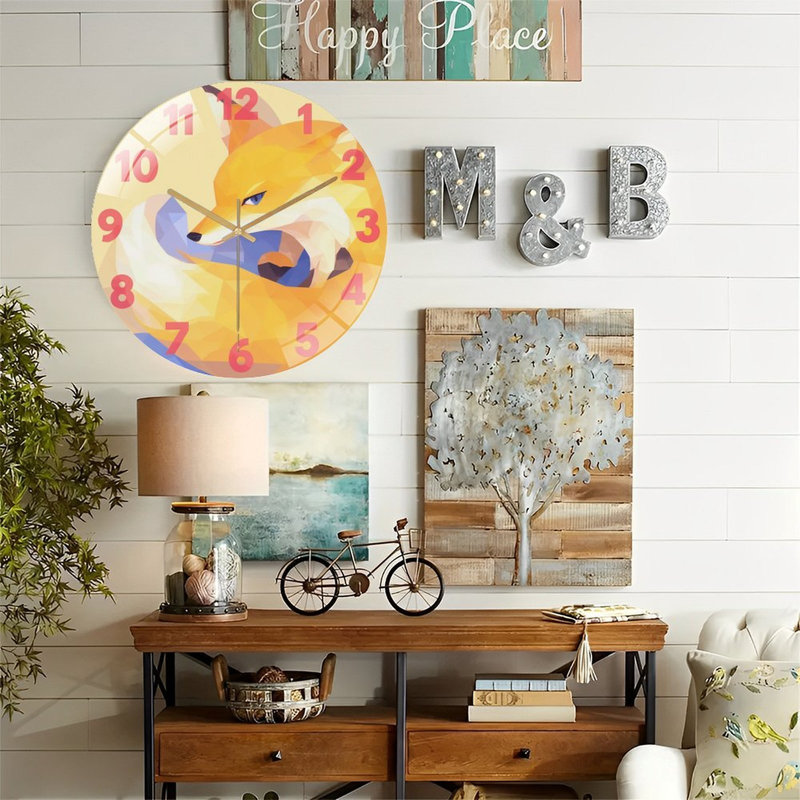 Horloge murale élégante en forme de renard avec dessin géométrique en 2 dimensions - horloge murale moderne en verre 12 po