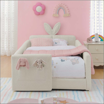 Upholstered Platform Bed With Cute Rabbit Ear Shaped Headboard, With Safety Rail And Pocket, Boucle Fabric