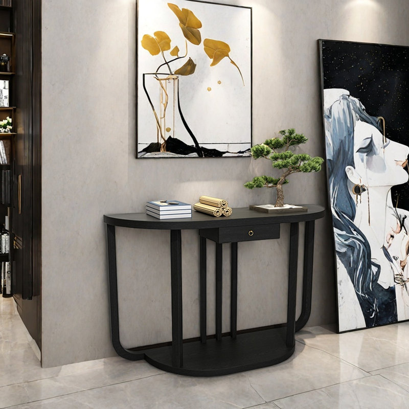 Table de couloir semi-circulaire en bois massif, Noir, H 31,5 po x l 39,4 po x P 14,2 po