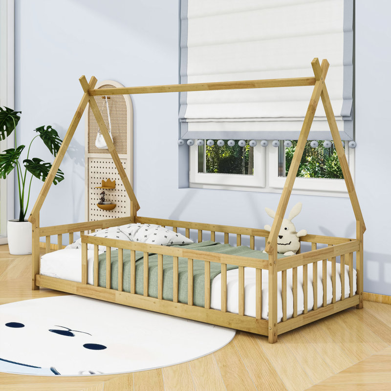 Twin Wood Tent-Shaped Teepee Bed With Guardrails, Natural