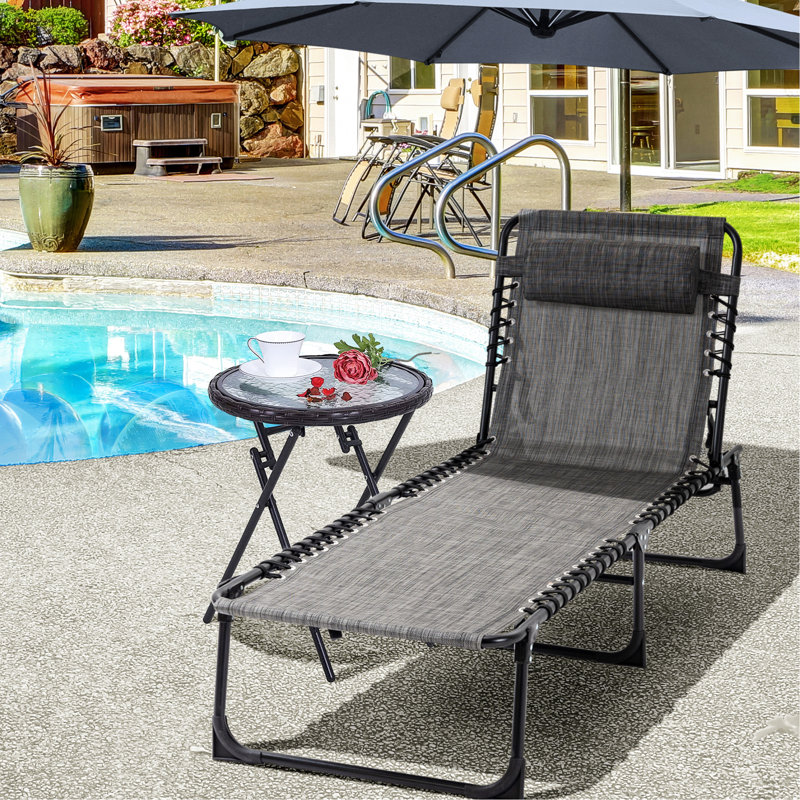 Patio Lounger Chair, Foldable With Adjustable , Removable Pillow, Side Pocket, Breathable Fabric, Grey Camping Cot Chair Fabric And Stable Base -