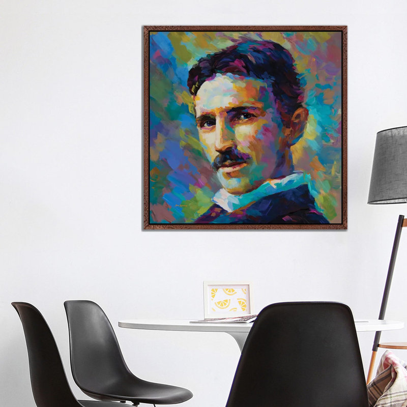 Tesla by Leon Devenice - Painting on Canvas, Classic Brown Wood Framed, 93.98cm H x 93.98cm W x 3.81cm D