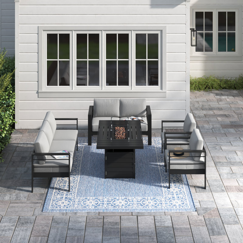 Brandtley 5 - Person Sofa Seating Group with Cushions and 55" Fire Pit Table, Black/Light Gray