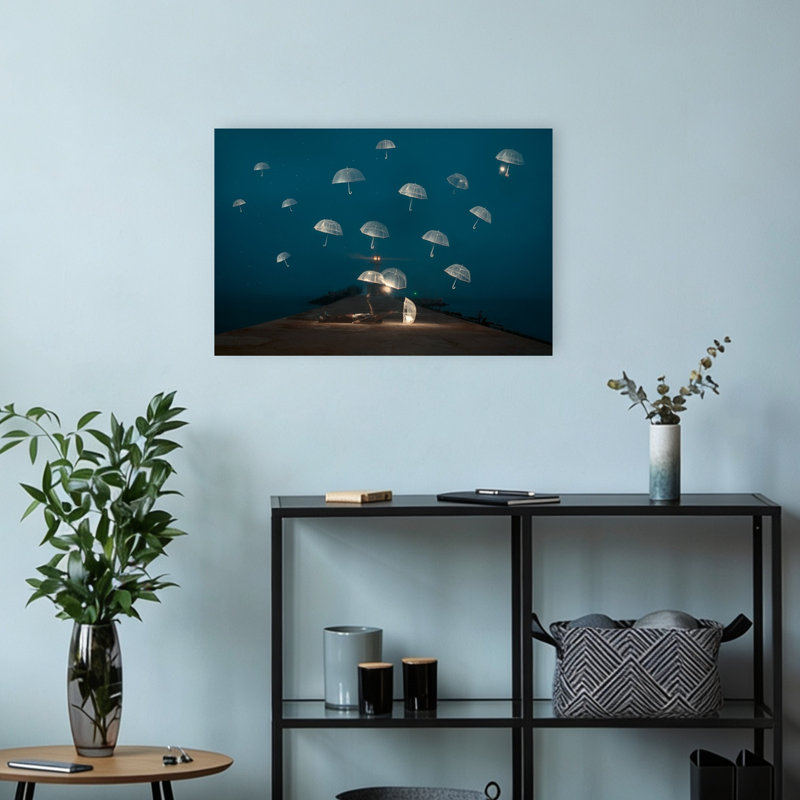 Night Of Floating Umbrellas Ethereal Surreal Tranquil Coastal Ocean Wall Art Print 1 Piece Wrapped Canvas Wall Art