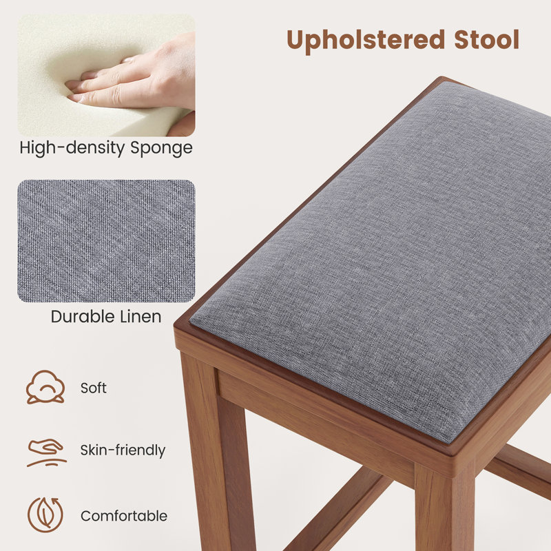 Walnut 31" Backless Upholstered Bar Stools with Gray Linen Seats