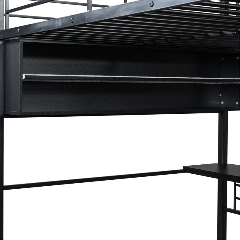 Lit mezzanine en métal noir avec éclairage à DEL, bureau et rangement organisé, 4 tablettes pour l'espace -