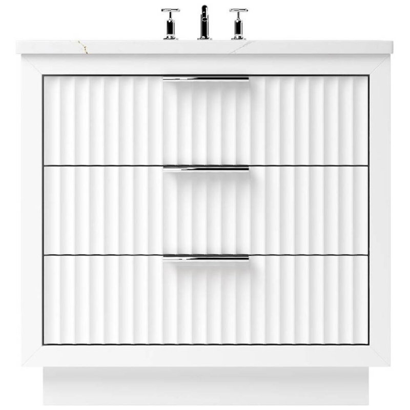 Meuble-lavabo simple à trois tiroirs Lecrieú, 42", Blanc pur, Chrome poli