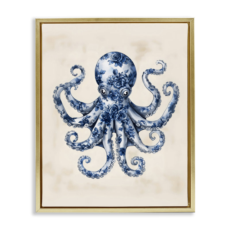 Cadre flottant bleu avec pieuvre florale, design par Arlington Prints, H 21 po x l 17 po, Cadre flottant métallique doré