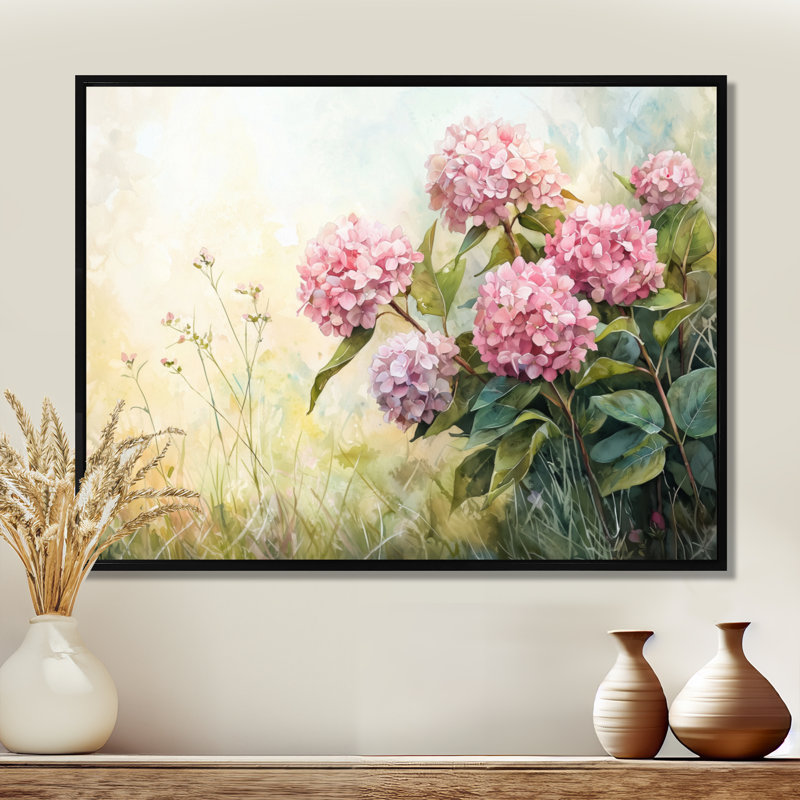Hortensias dans un pré d'été II - hydrangées, art mural, H 16 po x l 32 po, Impression encadrée flottante, Noir