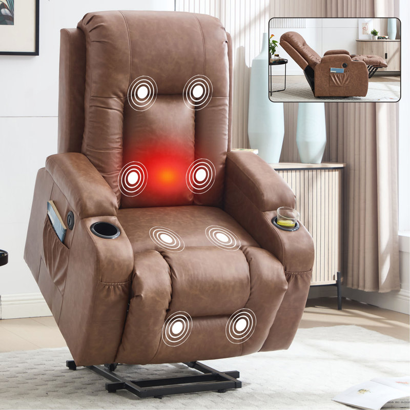 PU Infinite Position Up To 350 LBS Power Lift Recliner Chair For Elderly, Heavy Duty Motion Mechanism With 8-Point Vibration Massage And Lumbar Heating, USB Charging Port, Cup Holders