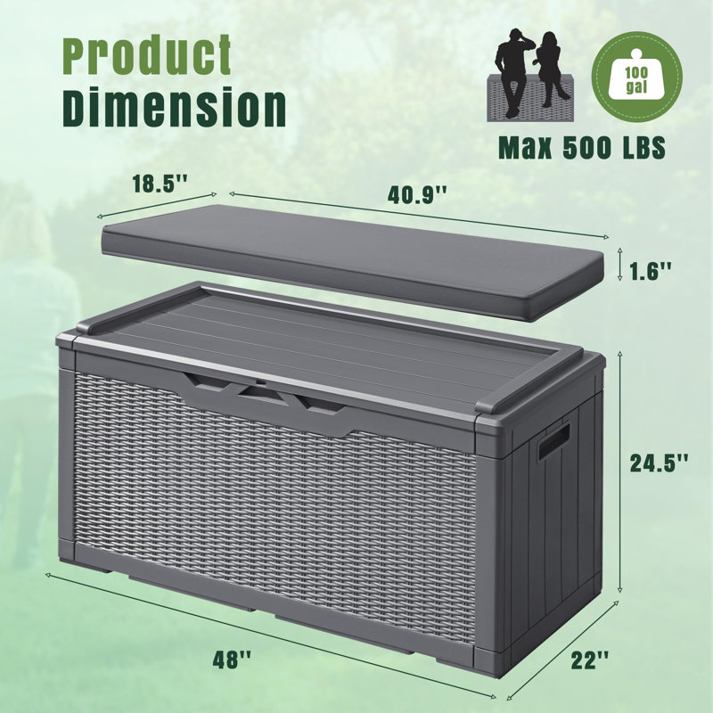 East West Furniture 48'' W 100 Gallons Water Resistant Resin Deck Box, Gray