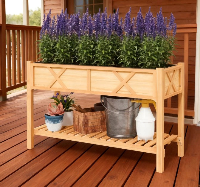 Elevated Wood Planter Box,Raised Garden Bed,With Storage Shelf,Drainage Holes,And Liner, Natural Wood