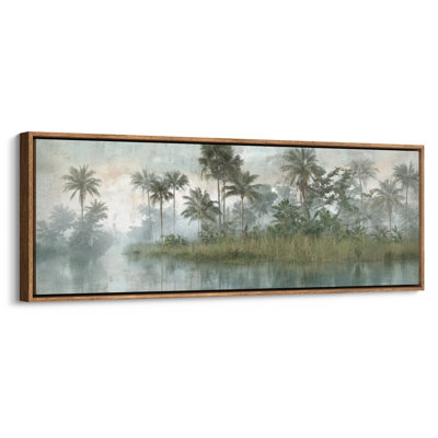 Extra Large Misty Tropical Palm Forest Lake Landscape Framed Canvas Print Wall Art