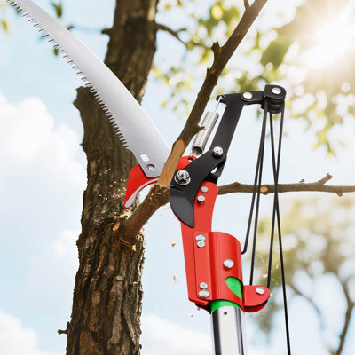 Manual Pole Saw, 3.87-27 ft Extendable Pole Tree Pruner with Scissors, Sharp 65Mn Steel Blade, Lightweight Fibreglass Handle Pole, for High Branch Trimming, Pruning Tool for Palms and Shrubs