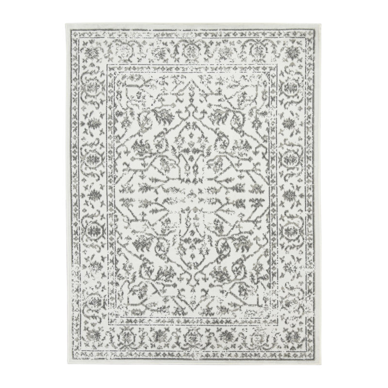 Calam Traditional Bordered Durable Performance Gray/Ivory Area Rug, Rectangle 9'2" x 12'2"