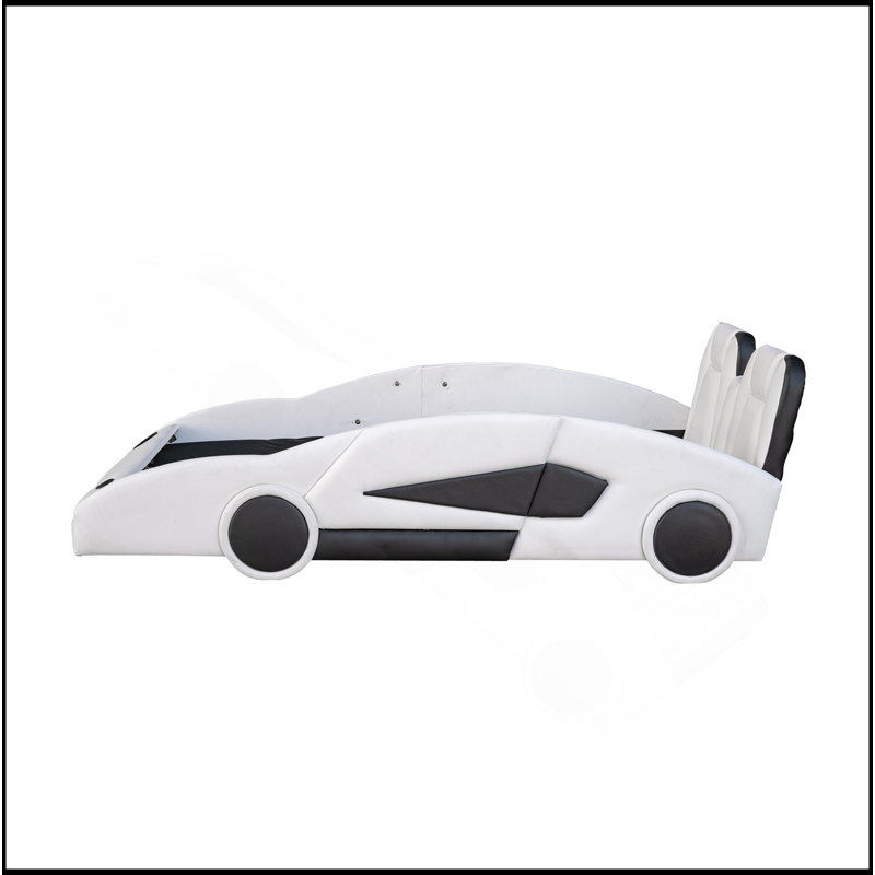 Lit plateforme simple en forme de voiture de course avec roues, blanc