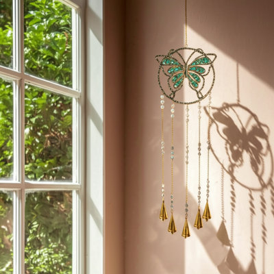 Wind Chime Metal Glass and Iron Butterfly Design with Bead Accents for Home and Garden Decor - 31" Blue