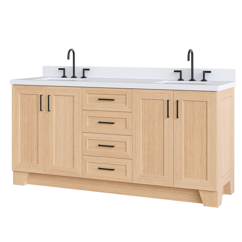 73 IN.  Single Bathroom Vanity, Rectangular, Natural Oak, White Quartz