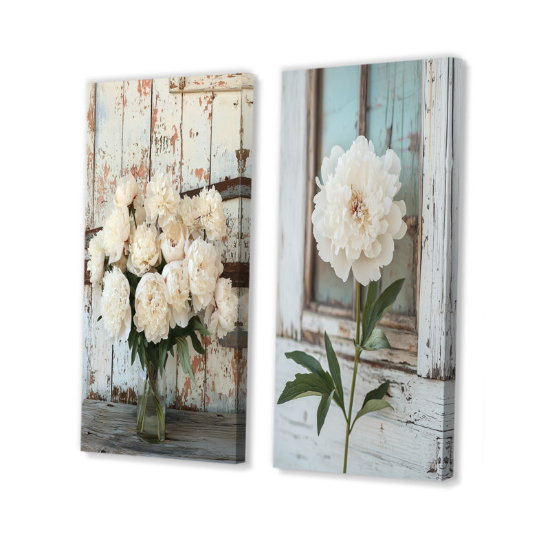 Photo pivoines par la grange laitière I - Collection d'art mural floral 2 pièces, H 28 po x l 25 po, Toile tendue