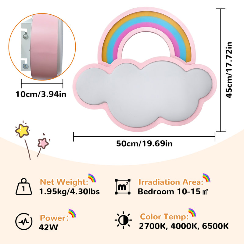 Cloud & Rainbow Led Ceiling Light Flush Mount For Children's Bedrooms, Playroom, Pink