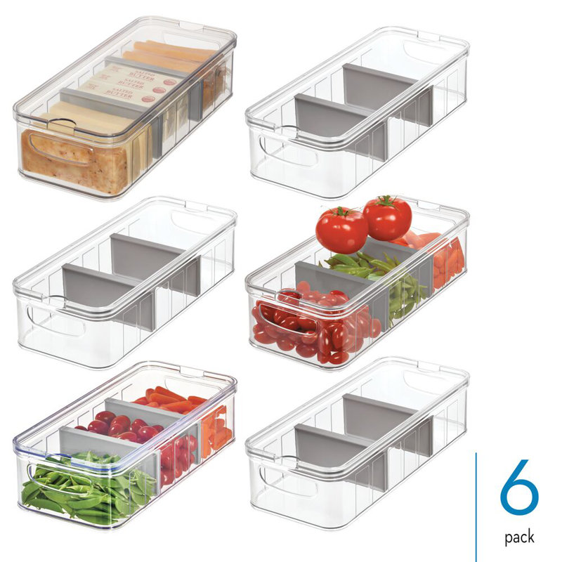 iDesign 6-Piece Fridge Organizer Bins with Dividers - Clear/Grey