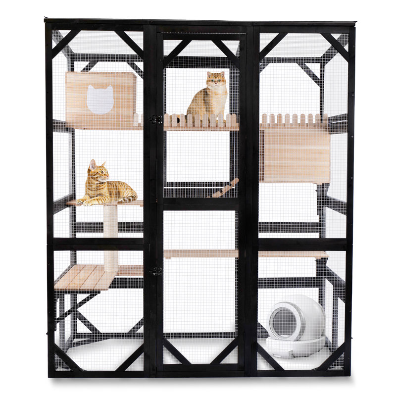 73"H Outdoor Cat Catio Large Wooden Cat Enclosure Multi-Level Cat House with Weatherproof Roof for Backyard or Garden