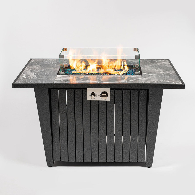 42'' Propane Gas Fire Pit Table, 50000 BTU Rectangular Steel Fire Pit With Glass Wind Guard For Outside Patio Deck Garden Courtyard -Gray