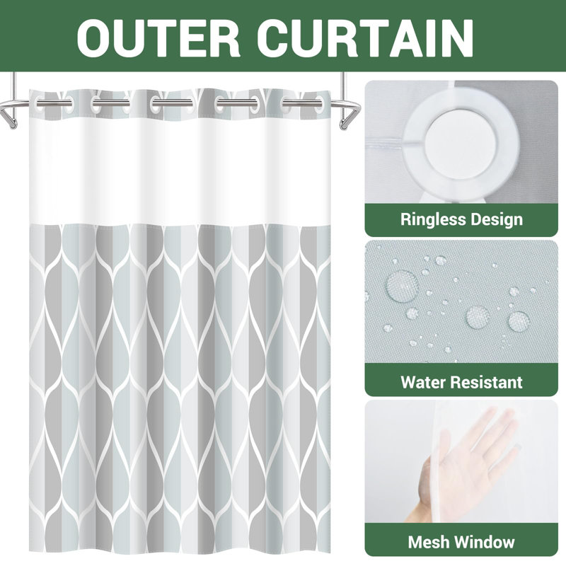 No Hook Grey Shower Curtain With Snap In Fabric Liner Set - Hotel Style With See Through Mesh Top Window, Modern Geometric Waterdrop Design,Waterproof And Washable, 71X74 INCH