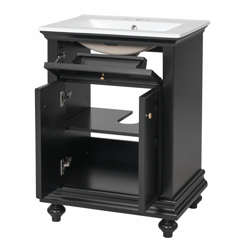 Meuble-lavabo de 24 po avec tiroir basculant, tablette réglable et charnières à fermeture en douceur, Black