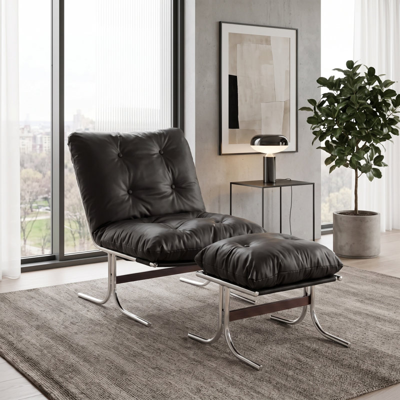 Mid-Century Modern Bauhaus Inspired Leather Lounge Chair With Ottoman Chrome Legs, Black